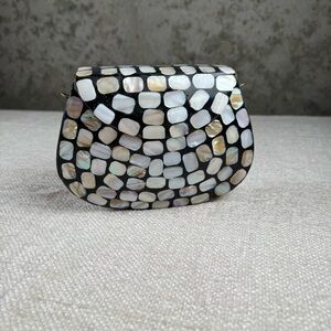 Ramla Handmade Mother of Pearl Mosaic Clutch with Shoulder Chain Black and White